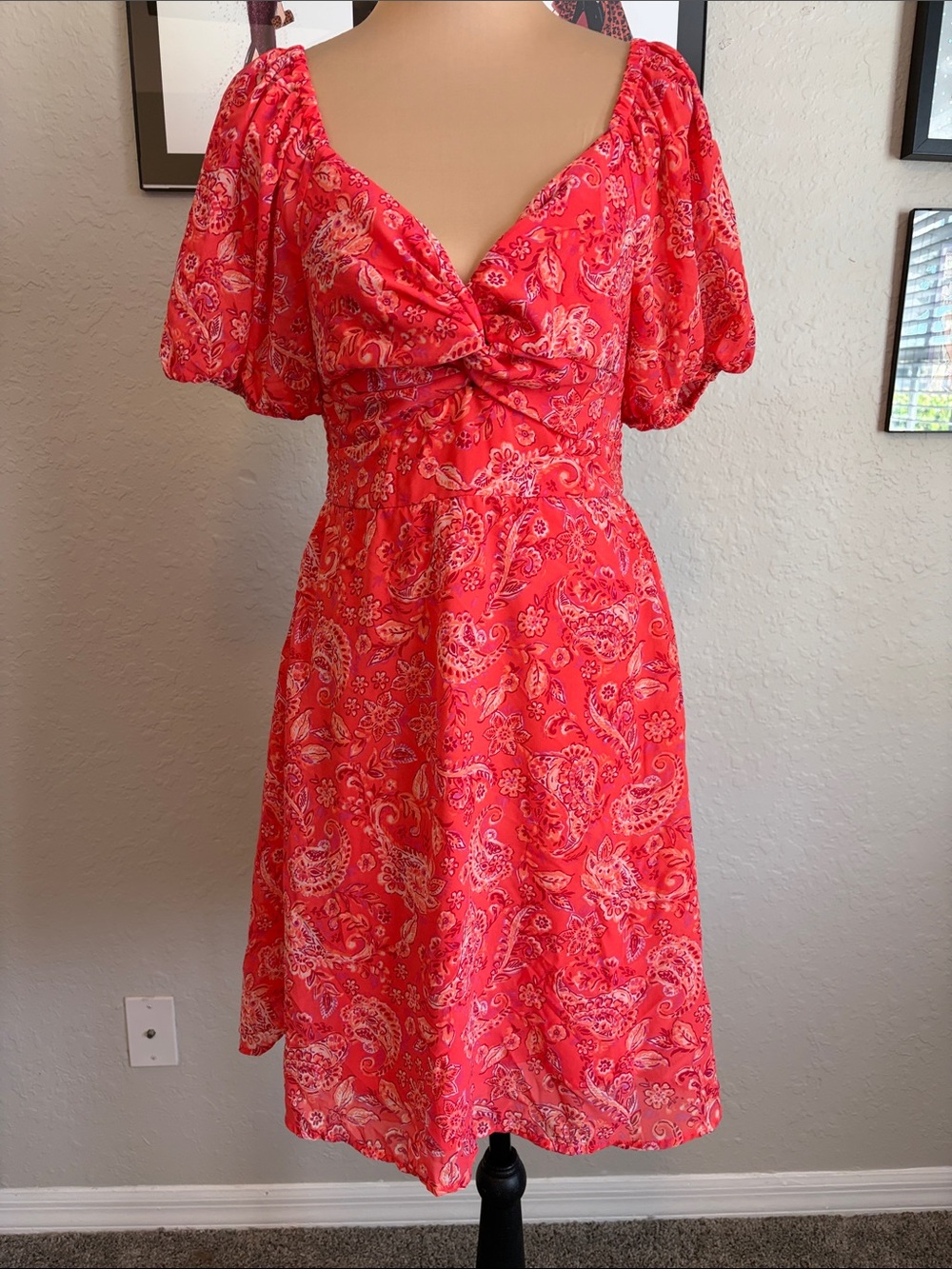 Sincerely Jules orange Paisley, print mini dress with deep v neck lined size M